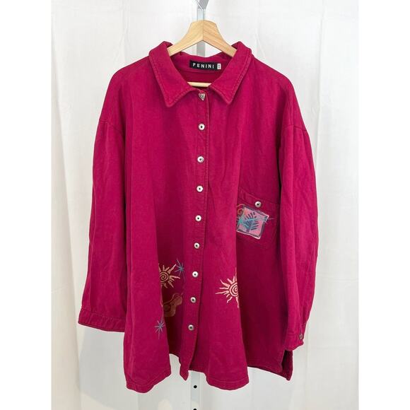 FENINI Two Piece Outfit Button Front Top Midi Skirt Cotton Red Pink Size 2X Plus - Picture 1 of 10